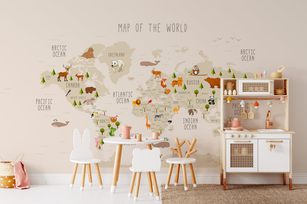 Papier peint carte du monde illustrée animaux beige - Pure Panoramique