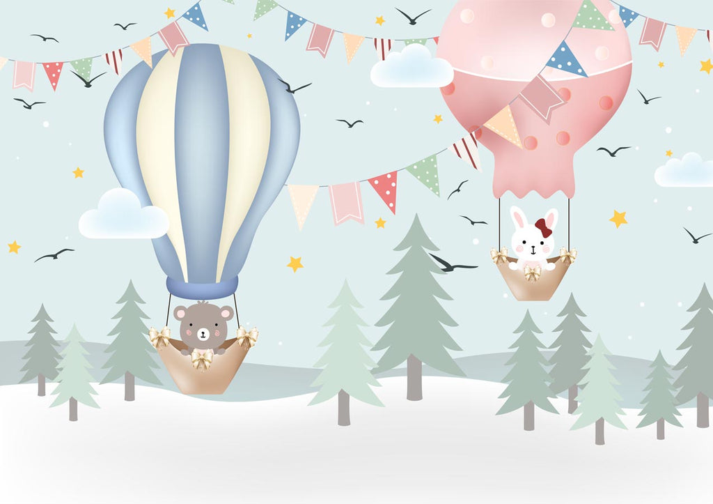 Papier peint enfant forêt montgolfières animaux - Pure Panoramique