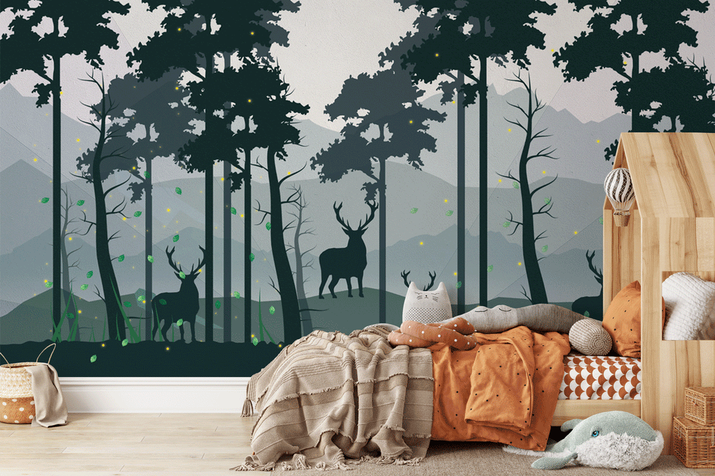 Papier peint panoramique nature forêt cerf vert profond - Pure Panoramique
