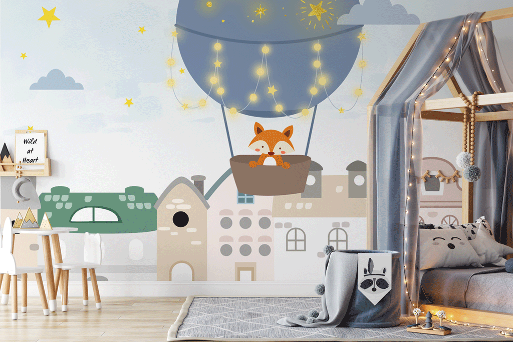 Papier peint panoramique chambre enfant renard et montgolfière - Pure Panoramique