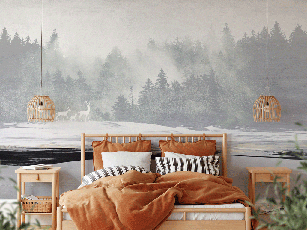 Papier peint panoramique forêt brumeuse et cerfs - Pure Panoramique