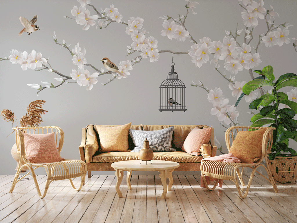 Papier peint panoramique romantique arbre en floraison - Pure Panoramique