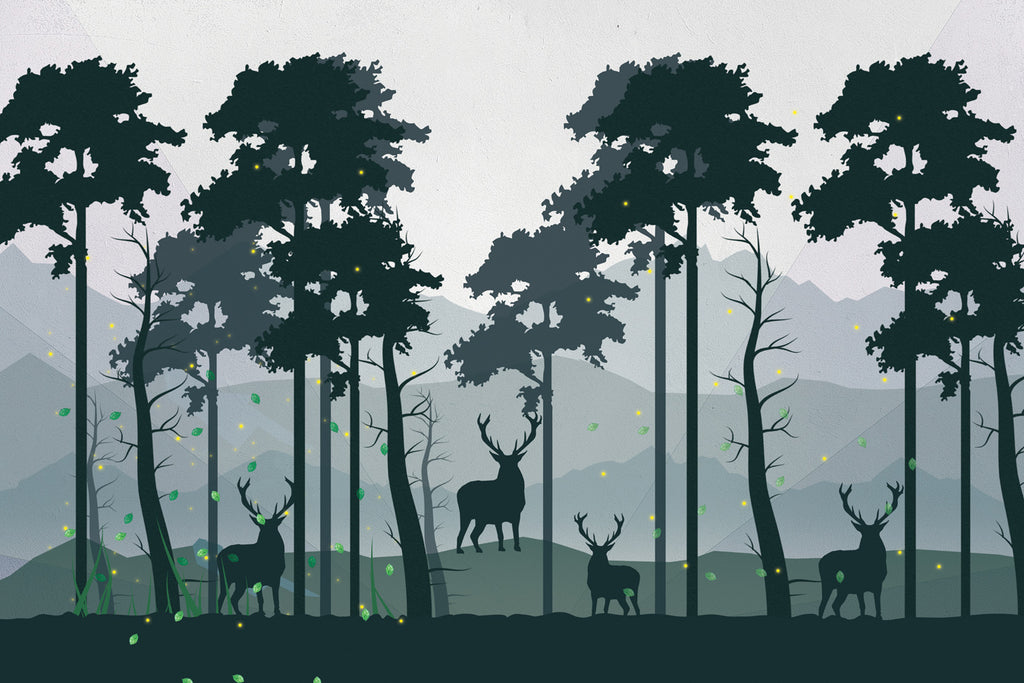 Papier peint panoramique nature forêt cerf vert profond - Pure Panoramique