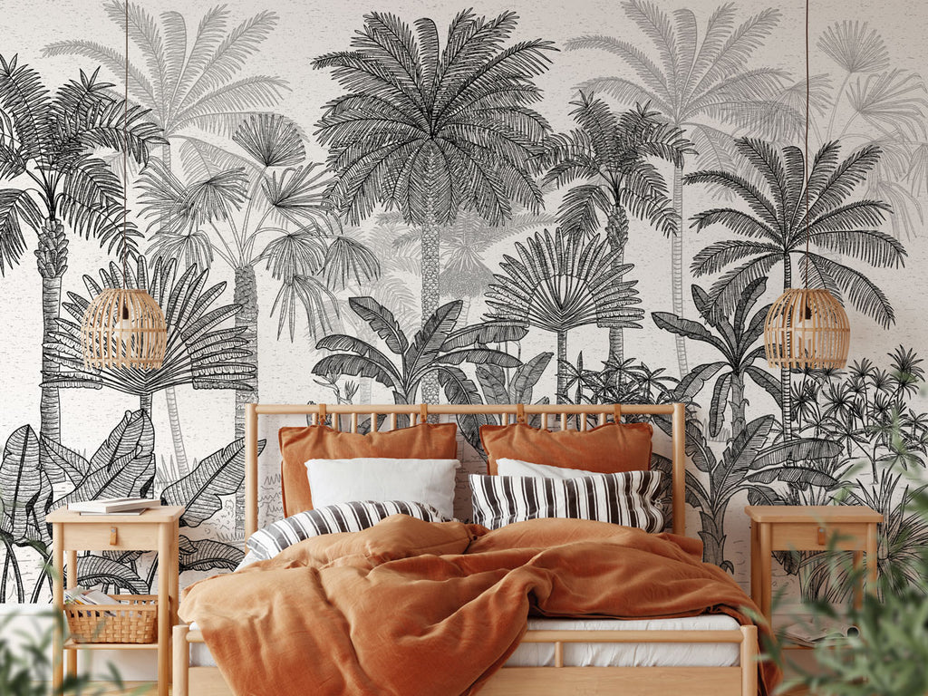Papier peint panoramique jungle palmier noir et blanc - Pure Panoramique