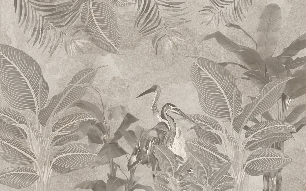 Papier peint panoramique tropical monochrome oiseaux - Pure Panoramique