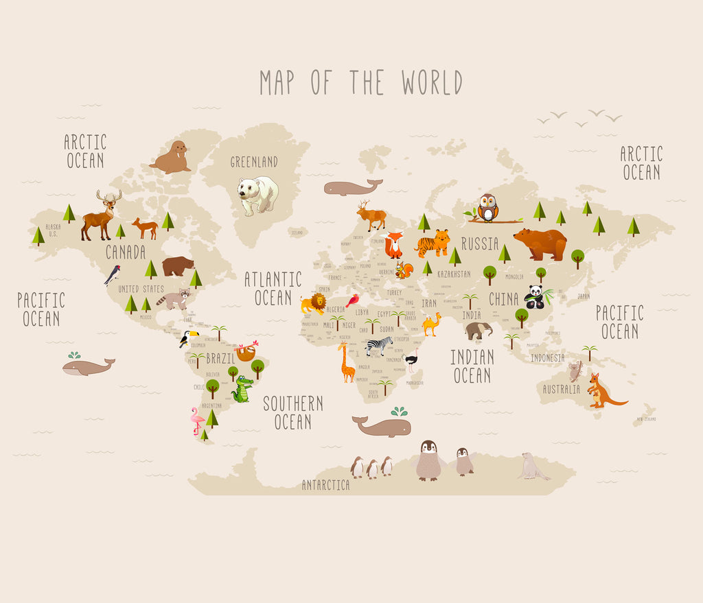 Papier peint carte du monde illustrée animaux beige - Pure Panoramique