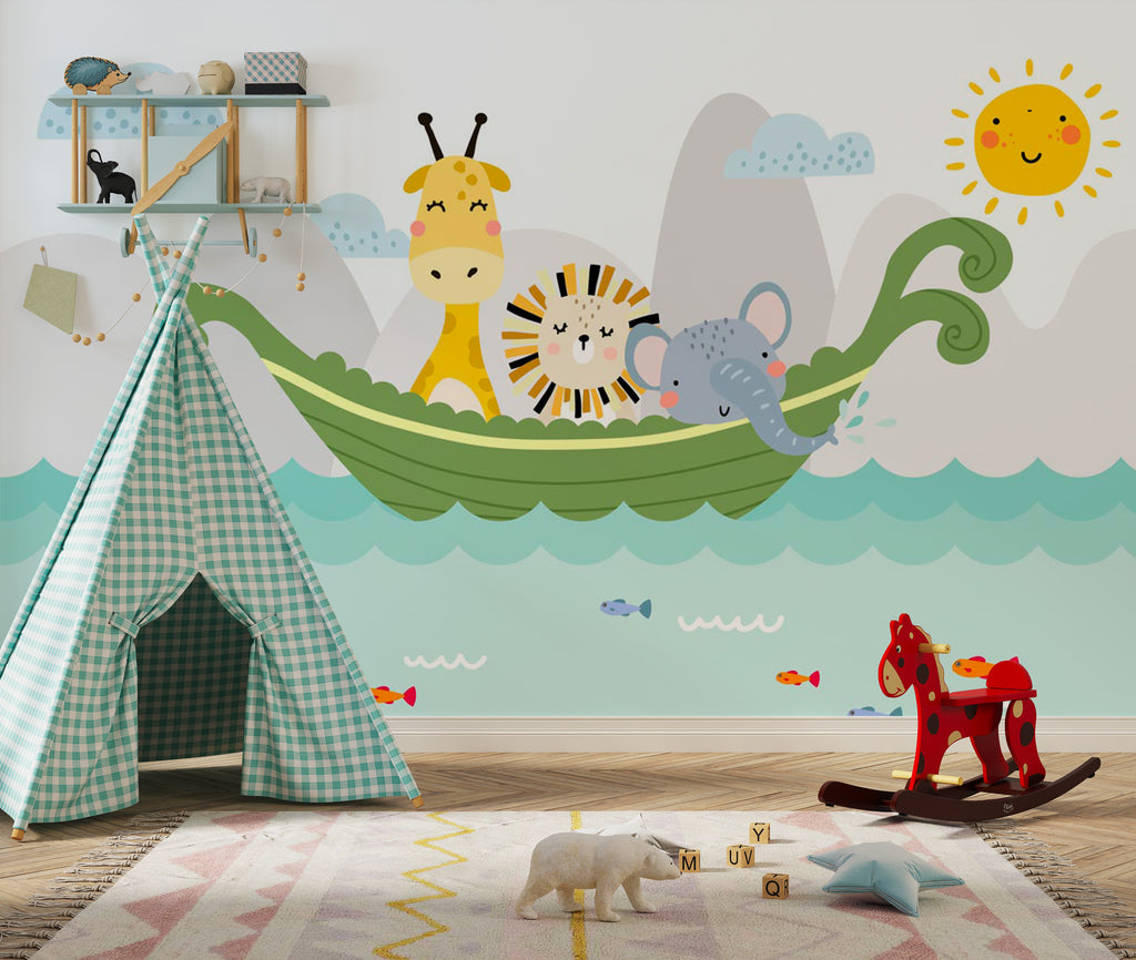 Papier peint enfant bateau sur l'eau et animaux - Pure Panoramique