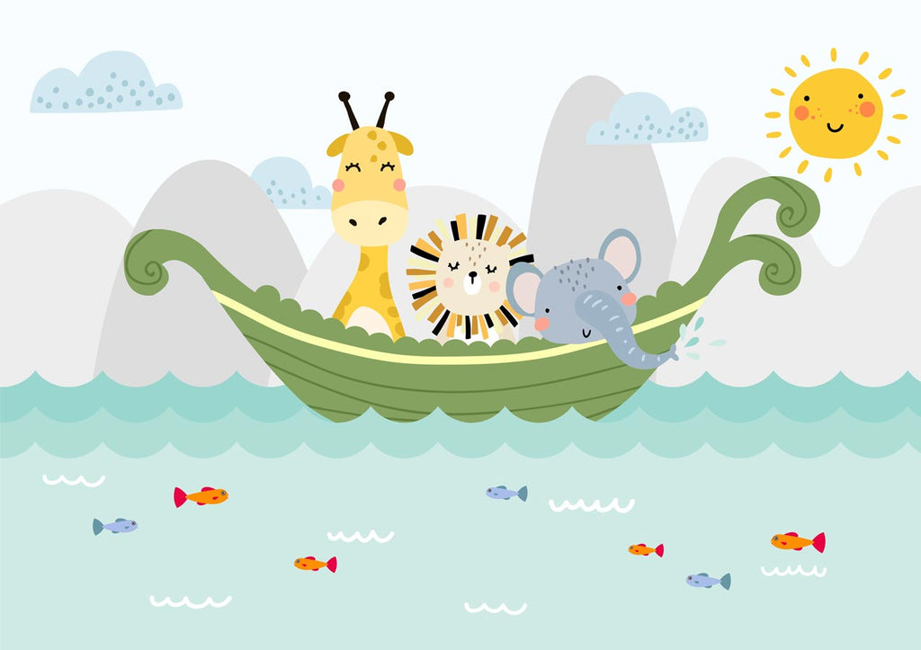 Papier peint enfant bateau sur l'eau et animaux - Pure Panoramique
