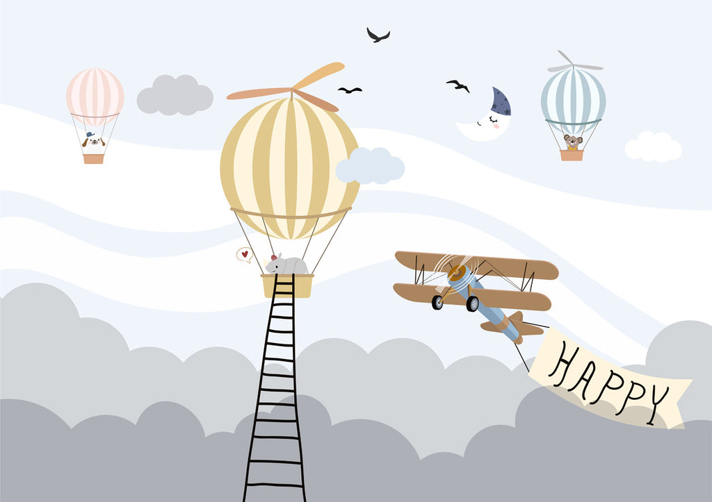 Papier peint chambre bébé rhinocéros avion et montgolfière - Pure Panoramique