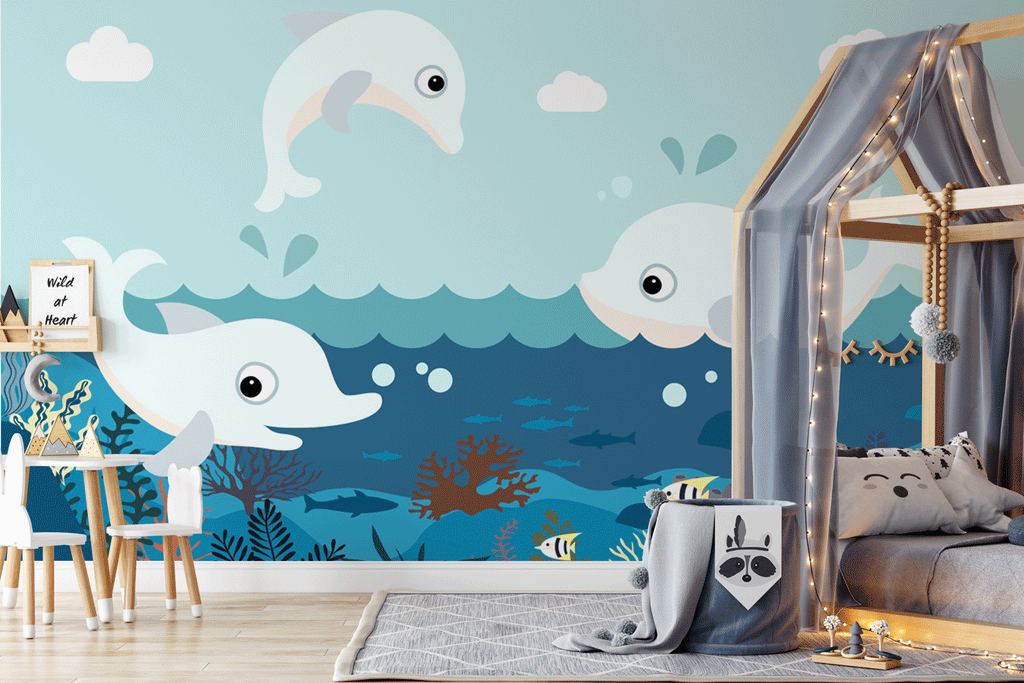 Papier peint panoramique chambre enfant océan dauphin mer - Pure Panoramique