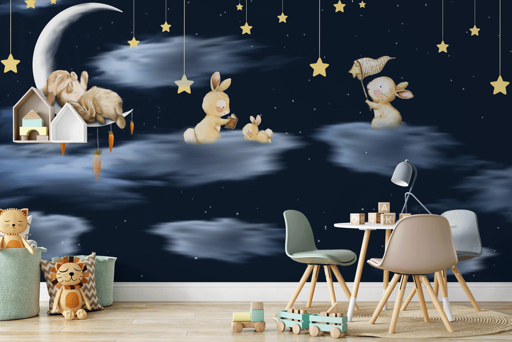Papier peint panoramique lapin nuit étoilée lune - Pure Panoramique