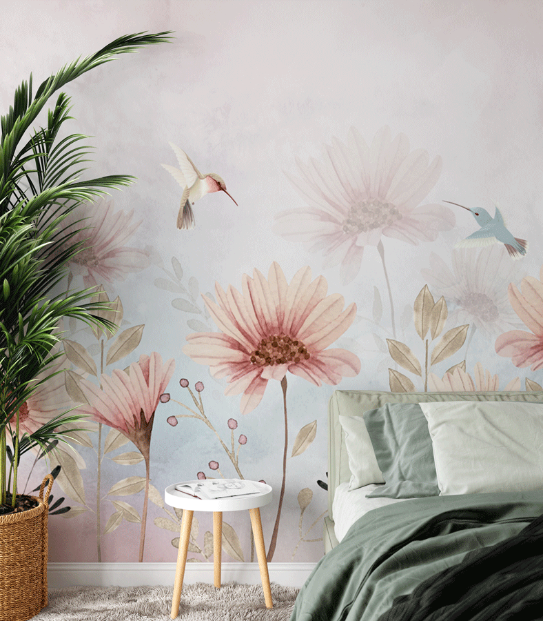 Papier peint panoramique fleurs bucoliques & colibri - Pure Panoramique