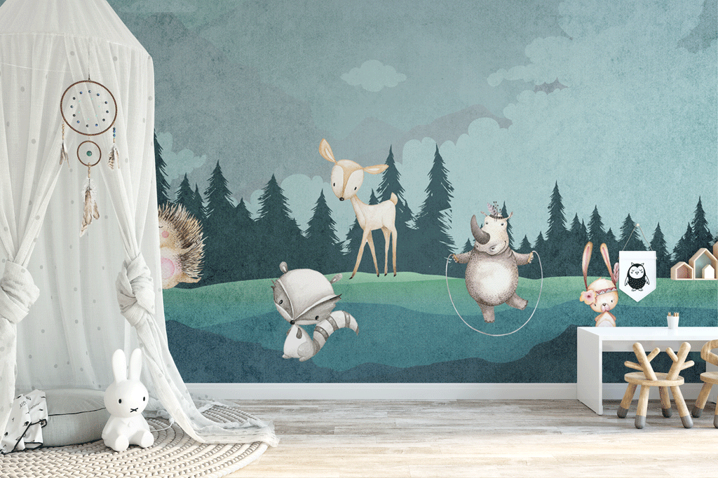 Papier peint panoramique chambre enfant animaux dans la forêt - Pure Panoramique