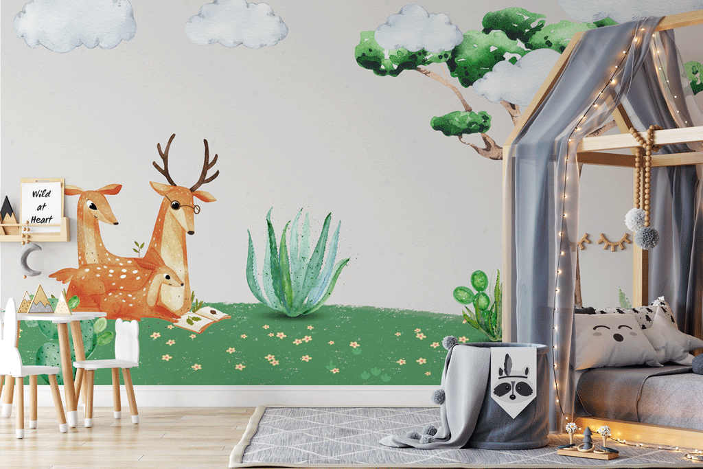 Papier peint panoramique chambre enfant végétal & daims - Pure Panoramique