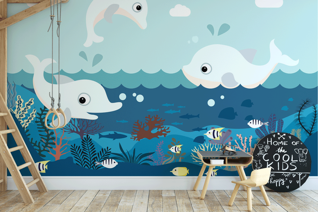 Papier peint panoramique chambre enfant océan dauphin mer - Pure Panoramique