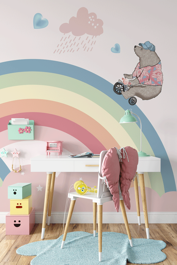 Papier peint panoramique chambre enfant arc en ciel & ours à vélo - Pure Panoramique
