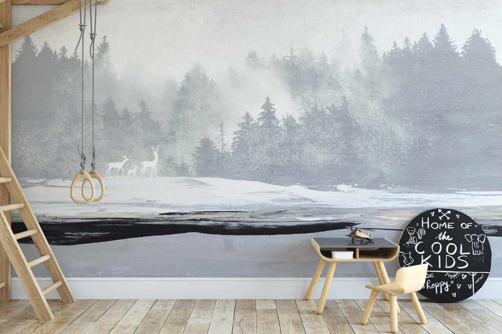 Papier peint panoramique forêt brumeuse et cerfs - Pure Panoramique