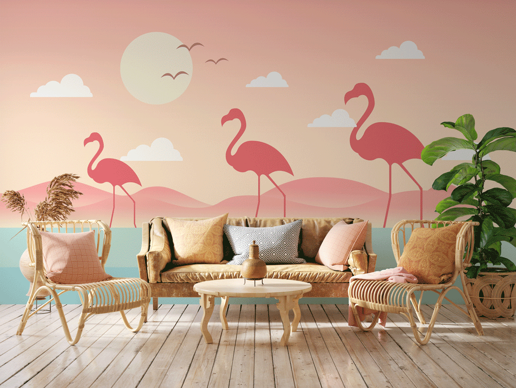Papier peint panoramique chambre enfant tropical flamant rose - Pure Panoramique