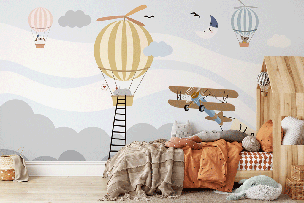 Papier peint panoramique chambre bébé rhinocéros avion et montgolfière - Pure Panoramique