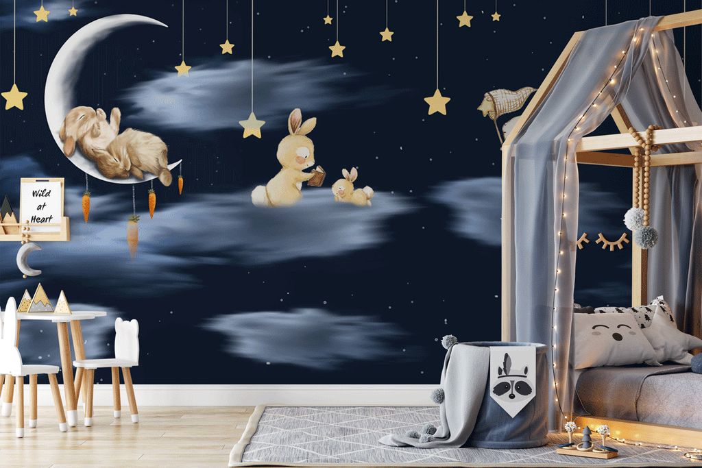 Papier peint panoramique lapin nuit étoilée lune - Pure Panoramique