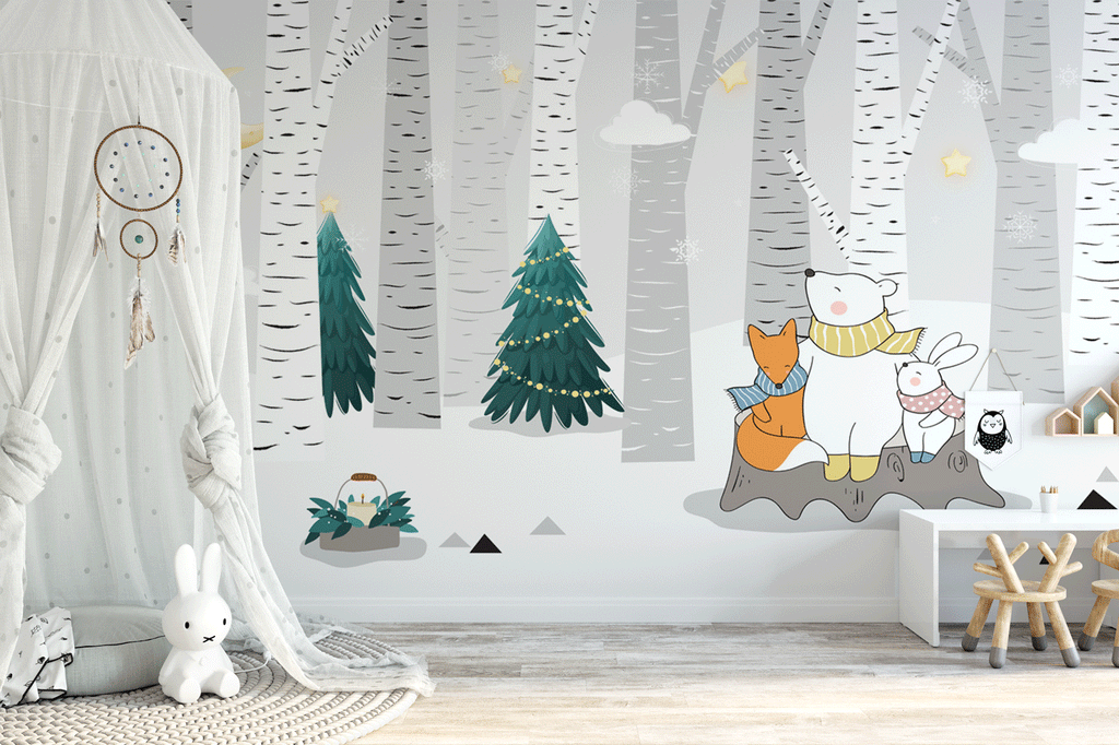 Papier peint panoramique chambre enfant ours polaire forêt neige - Pure Panoramique
