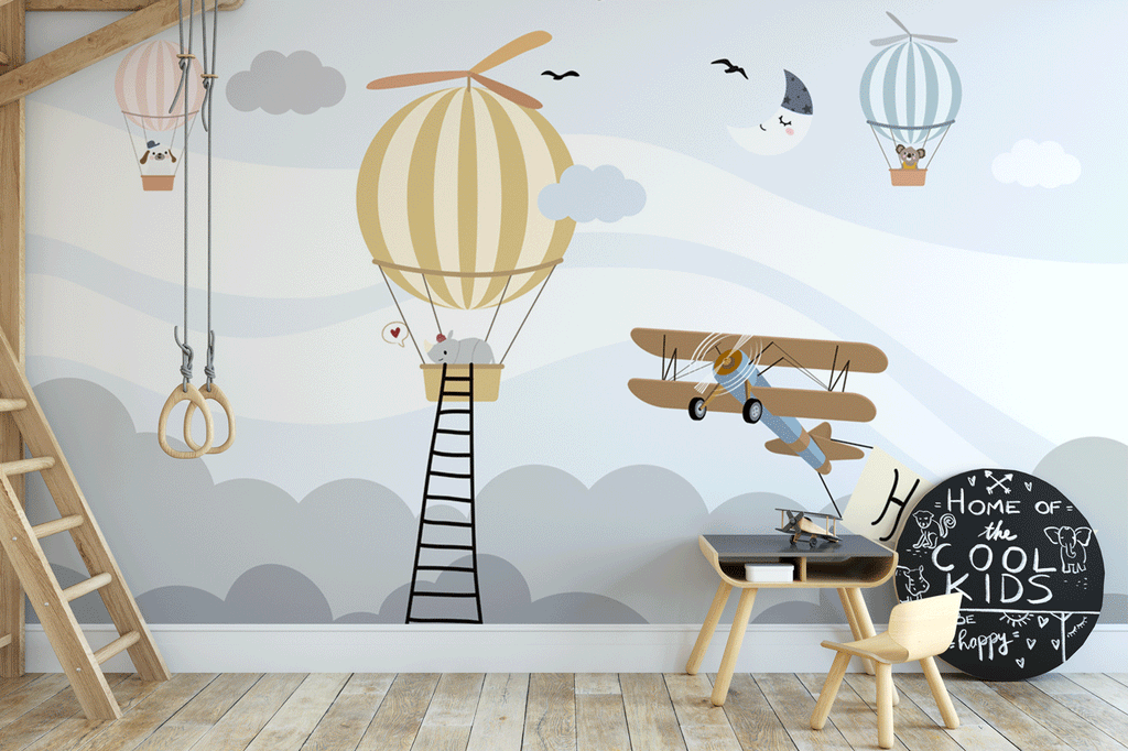 Papier peint panoramique chambre bébé rhinocéros avion et montgolfière - Pure Panoramique