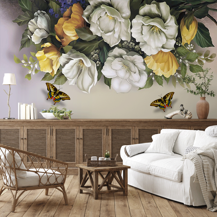 Papier peint panoramique tête de lit aquarelle peinture florale - Pure Panoramique