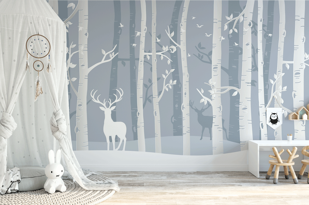 Papier peint panoramique forêt scandinave bouleau et cerf - Pure Panoramique