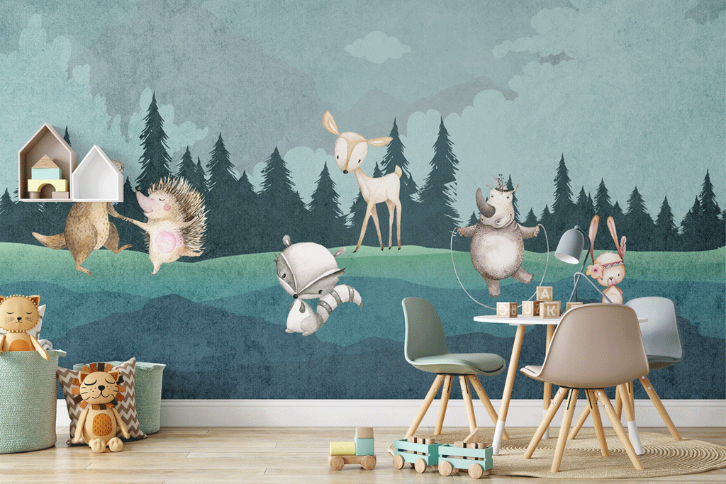 Papier peint panoramique chambre enfant animaux dans la forêt - Pure Panoramique