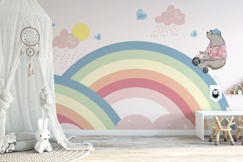 Papier peint panoramique chambre enfant arc en ciel & ours à vélo - Pure Panoramique